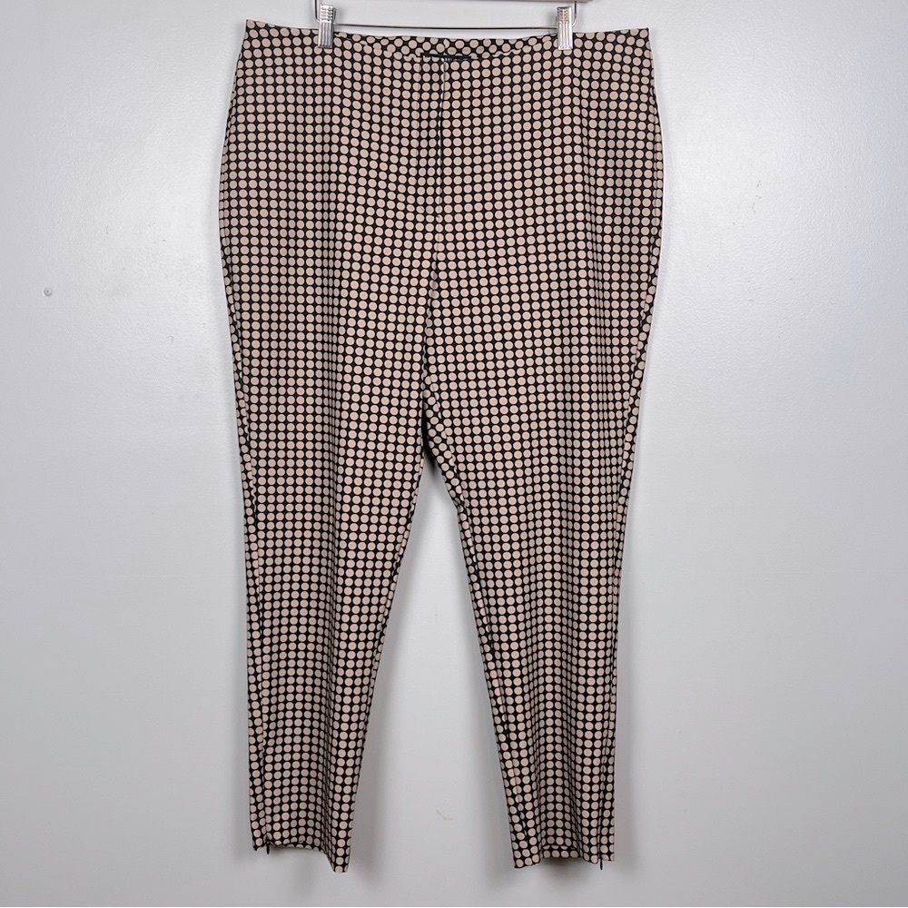 Chico’s Black Label poly spandex black & tan dot print ankle pants, 3 = XL/16.
